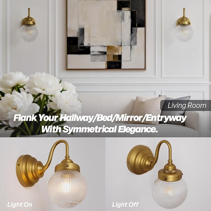 Curved Arm Wall Sconce Lighting with Clear Ribbed Glass Globe Shade, Vintage Brass Bathroom Wall Light Fixtures for Kitchen Living Room Bedroom Farmhouse