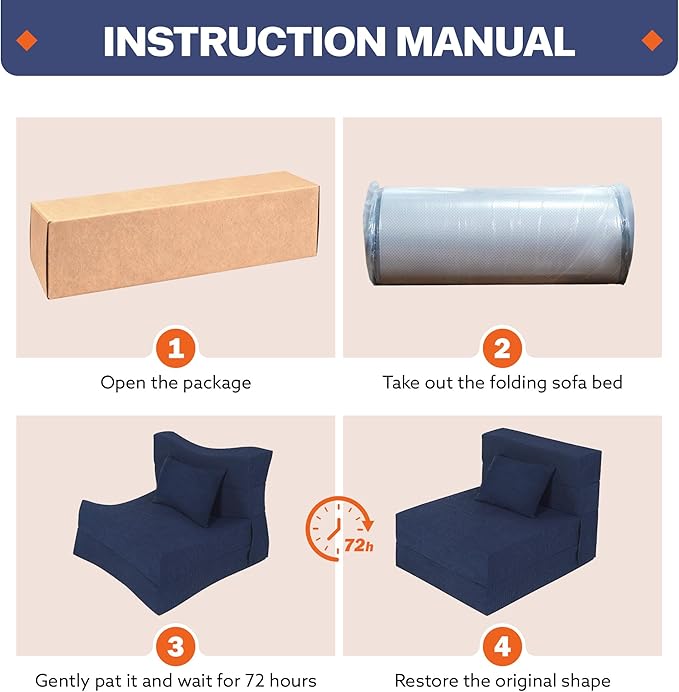 Fvkind Folding Sofa Bed, 4 in 1 Convertible Fold Out Single Chair Bed with Pillow, Memory Foam Futon Chair, Foldable Futon Couch, Foldable Sofa Mattress for Living Room, Bedroom, Guest Room, Blue