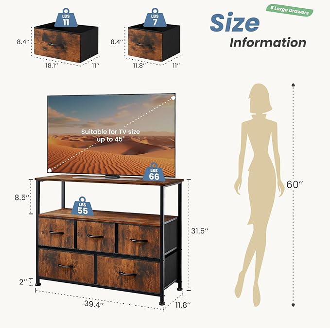 NEWBULIG 5 Drawer TV Stand with Wood Top, Entertainment Center for 45 inch TVs & Fabric Storage Organizer, Adjustable Feet, for Bedroom & Living Room,Brown02