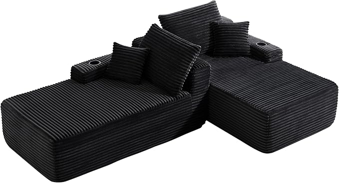 69-Inch Fluffy Corduroy Boneless Sleeper Daybed Loveseat Double Recliner Chaise Lounge Sofa Couches, Floor Cloud Sofa Chaise W/4 Pillows for Home Apartment Living Room