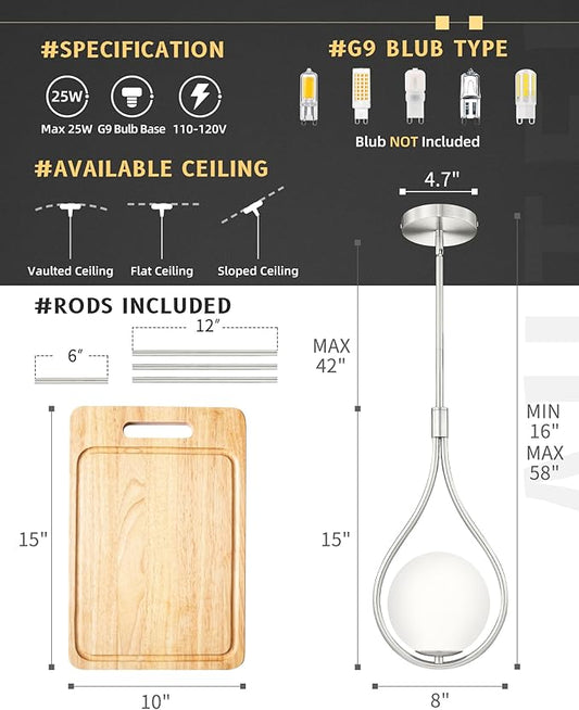AUTELO Modern Pendant Lights Kitchen Island, 1-Light Pendant Lights in Brushed Nickel Finish with Milky White Globe Glass, Nickel Pendant Light Fixtures, Hanging Lamp for Kitchen Island H9377 MGST