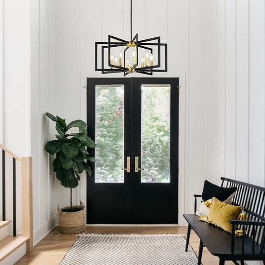 26.6'' Black and Gold Chandelier, 8-Light Geometric Modern Chandelier Lighting, Metal Industrial Large Chandeliers for Dining Room Living Room Entryway Foyer Lighting