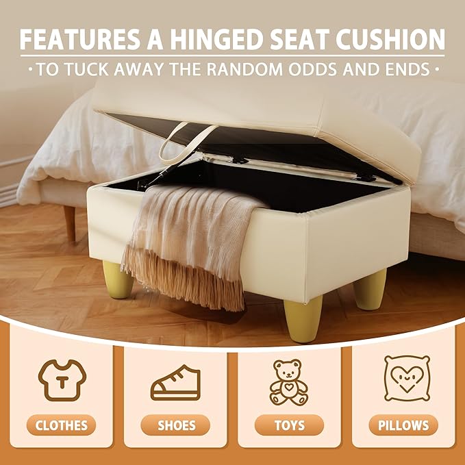 Ottoman Rectangular Storage Ottoman Bench, Faux Leather Footrest, Coffee Table, Stool Footstool with Hinged Lid for Living Room, Bedroom, Entryway, Off-White, 28.5"x19"x17.5"