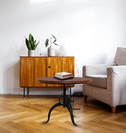 NACH Mango Wood & Cast Iron Kai Adjustable Round Coffee, Rustic Industrial End Table - 19.5-26" x 28.25" x 1.13", Black - CC-0157