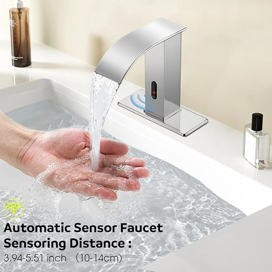 Automatic Motion Sensor Faucet with Waterfall Spout,Stainless Steel Sink Faucet with Hole Cover Plate (Regular, Chrome)