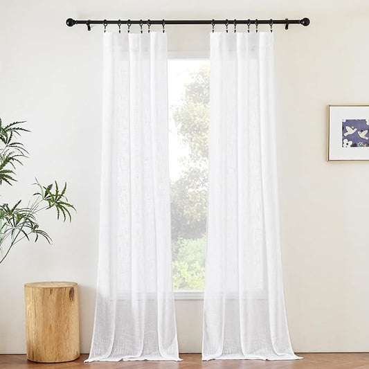 NICETOWN White Sheer Curtains 96 inches Long, Rod Pocket & Back Tab Faux Linen Weave Semi Sheer Window Treatments Privacy with Light Filtering for Living Room, 2 Panels, W34 x L96