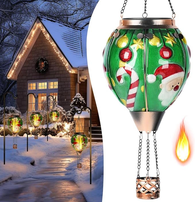 Solar Powered Hot Air Balloon Lantern - Santa Glass Lantern, Simulated Flickering & Dancing Flame, Outdoor Hanging Yard Light Waterproof IP65 for Patio Lawn Porch Christmas Decor Gift