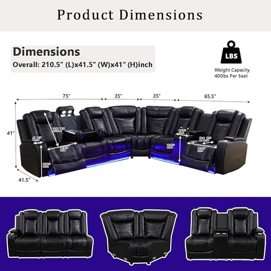 A Ainehome Power LED Furniture Reclining Sectional Couch, Living Room Recliner Adjustable Sofa, Loveseat and Chair with Storage Console for Living Room/Office/Home Theather(B-Black)