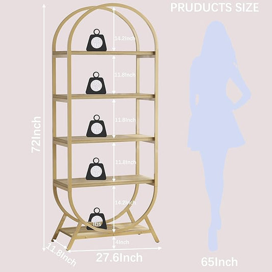 Arched Bookshelf,5-Tier Tall Wide Open Bookshelf,Modern Brown Storage Bookshelves, Freestanding Display Rack Shelving Unit for Office, Bedroom, Living Room, Easy Assembly, Brown
