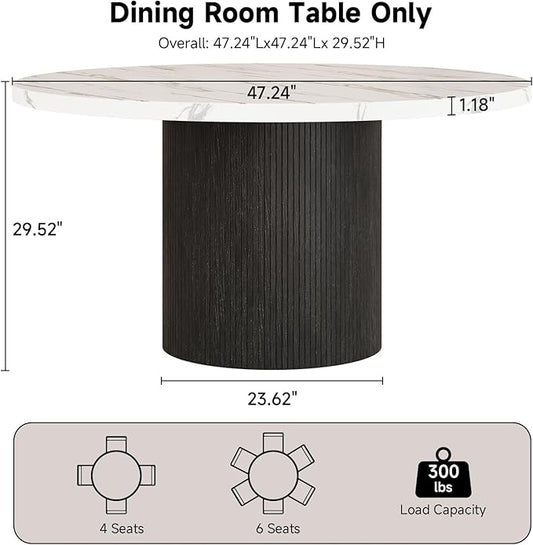 Round Kitchen Dining Table for 4-6 People, 47 inch Mid-Century Circle Dinner Tables, Rustic Wood Base in Fluted Design, Space Saving Dining Room Furniture, Large Table Only for Family Party, Marble