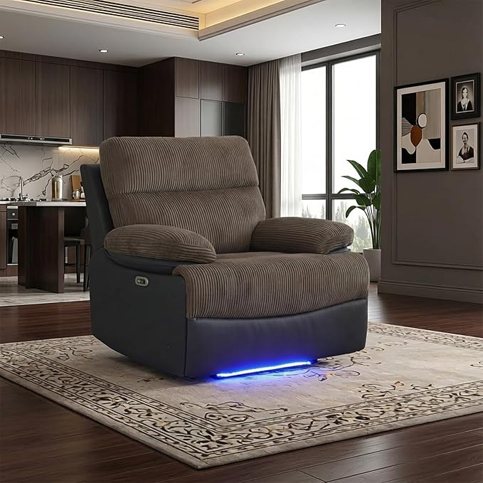 Power Corduroy Reclining Sofa Chair with LED Light for Adults,Single Recliner with USB Port/Storage,Corduroy Couch for Living Room Furniture Sets/RV Car/Home Theater/Office(1 Seat,Brown)