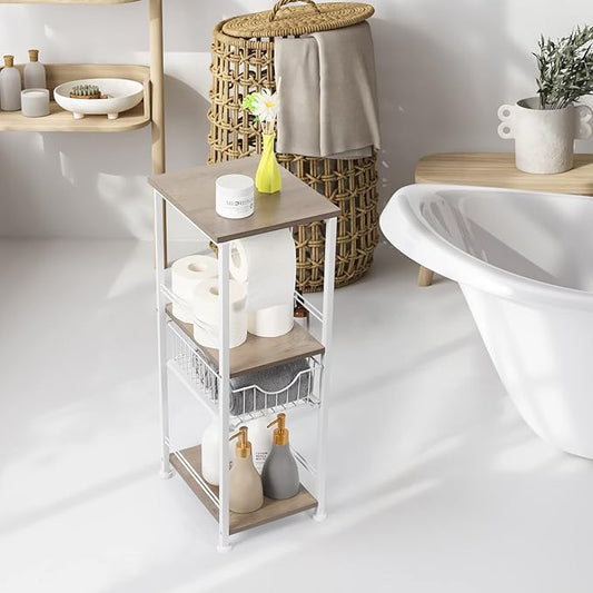 OYEAL Freestanding Bathroom Storage Organizer 3 Tier Narrow Bathroom Shelf Stand Toilet Paper Storage Cabinet with Drawer for Small Space Laundry Room Entryway, Light Oak