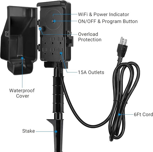 DEWENWILS WiFi Outdoor Outlet Timer, Smart Yard Stake Plug with 6 Outlets, Remote& Voice Control, Waterproof Power Stake Timer with 6Ft Cord, Alexa& Google Assistant Compatible, 1875W/15A, FCC Listed
