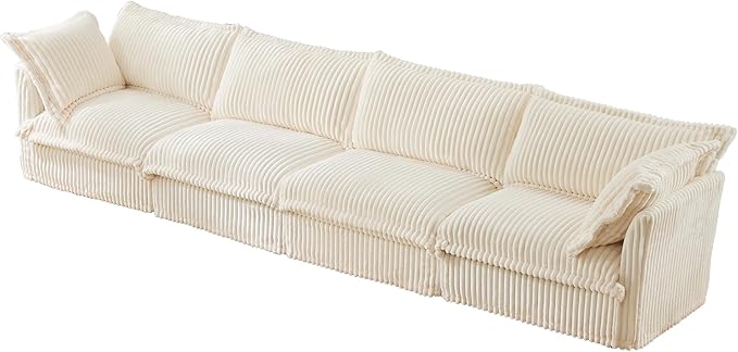 KEIKI 156" Corduroy Sectional Sofa with Throw Pillows, White 4 Seat Soft Sleeper Cloud Couch Set, Comfy Upholstered Modular SofaBed for Apartment Living Room, Cream