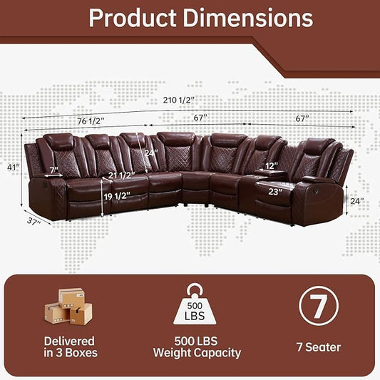 Power Reclining Sectional Sofa with Air Leather Upholstery, Electric Adjustable Recliner Couch, Quiet Motor Support, Home Theater Seating with Wireless Power, Cup Holders, Storage for Living Room