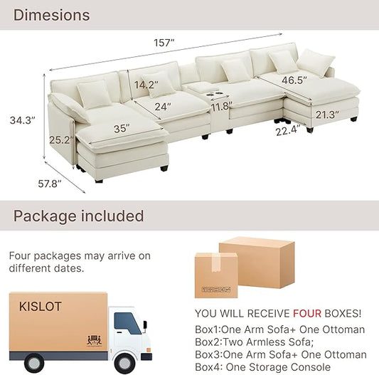 157" Oversized Modular Sectional Sofa with Storage Console,U-Shaped Cloud Couch with Movable Ottoman,Deep Seat,Thick Cushions, Multi Functional Console with USB & 2 Cup Holder,Sofa Set for Living Room | Wood Frame