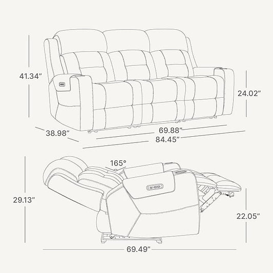 Watson & Whitely Genuine Leather Power Reclining Sofa, 3-Seater Lay Flat Recliner Sofa with Power Headrest, Cup Holders, USB & Type-C Ports, Electric Reclining Couch for Living Room, Navy Blue