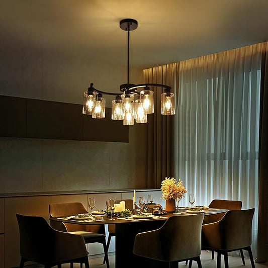 9-Light Modern Farmhouse Chandelier,29.5" Black Dining Room Light Fixture,Industrial Pendant Lights Kitchen Island,Metal Bracket with Downward Clear Glass Shade
