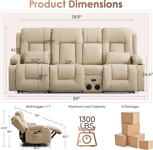 TUNYI Wall Hugger Loveseat Recliner Sofa with Console, Power Reclining Loveseat RV Couch with Massage & Heat/USB/Outlet/Storage/LED Light/Speaker (Beige, 3 Seat with Console)