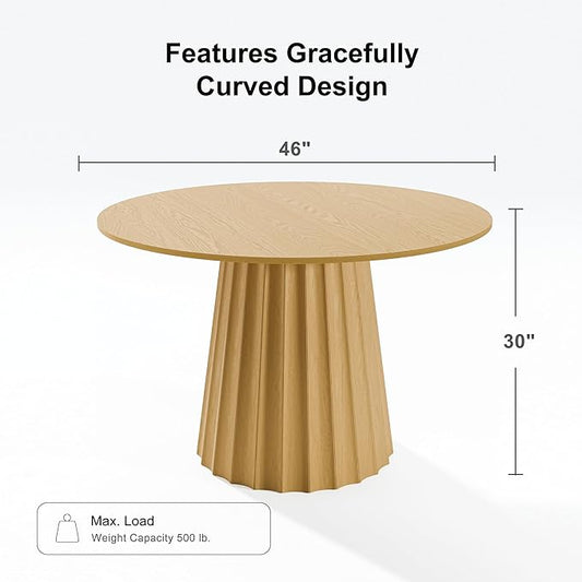 Casaphoria 46" Round Dining Table, Modern Wood Kitchen Table with Cone Shaped Strip Concave Base for Living Room & Dining Room, Easy Assembly Farmhouse Furniture for 4-6, Oak-A