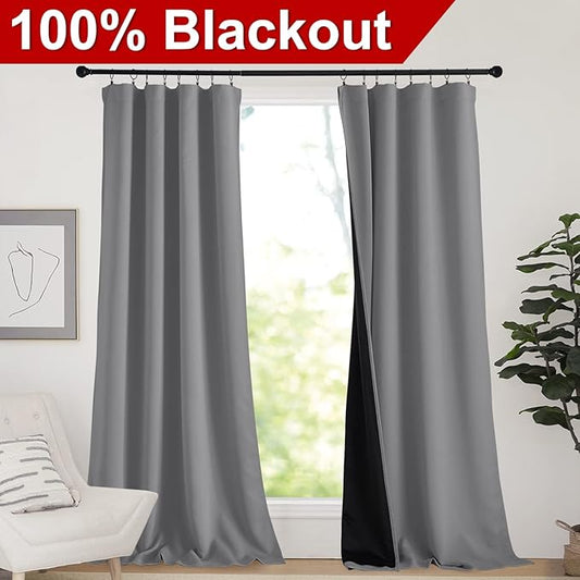 NICETOWN 108 inch 100% Blackout Curtains, Window Treatment Rod Pocket Curtains for Patio Sliding Door, Extra Long Thermal Insulated Curtains for Villa (Silver Grey, Set of 2, 52-inch x 108 inches)
