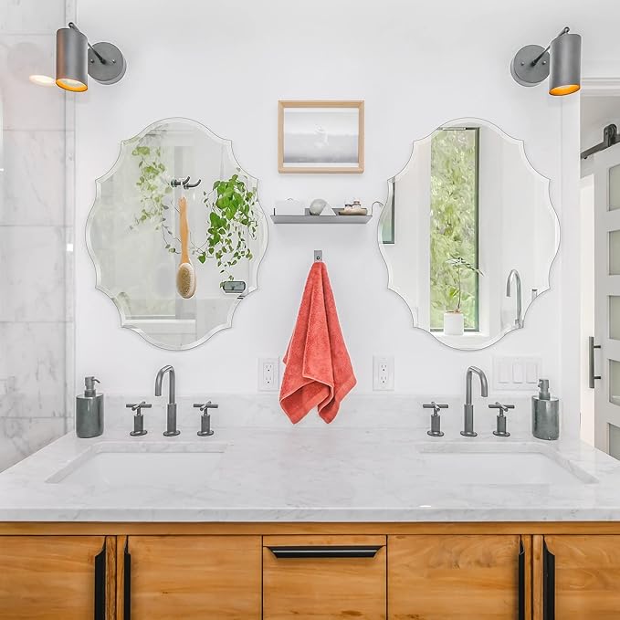 Muzilife 22x28 Frameless Oval Wall Mirror Beveled Scalloped Mirror Silver Wall Mirror with MDF Backplane Over Bathroom Sink for Vanity, Bedroom or Any Other Room in Your Home