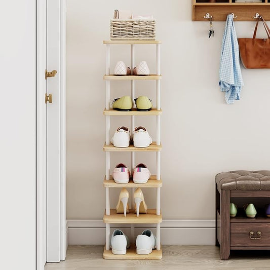 AZERPIAN Shoe Rack 7 Tier Vertical Storage Organizer Narrow Metal Slim Shelf Modern Free Standing Shoe Tower Saving Space for Closet Entryway Bedroom,White