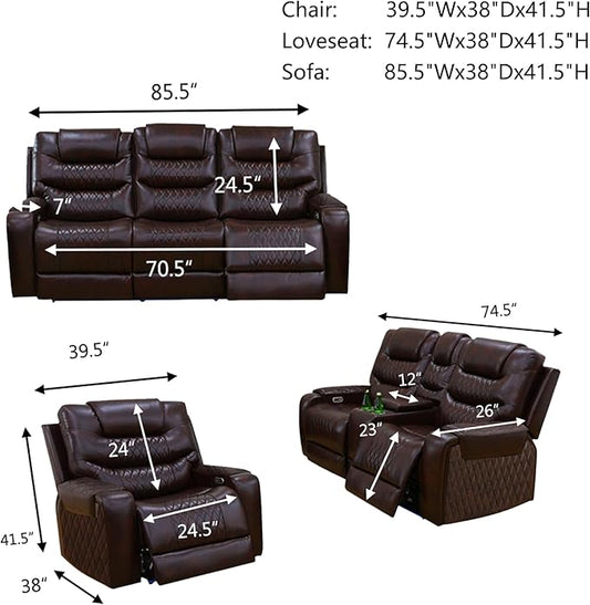 Leather Power Recliner Sofa Set with LED, Living Room Furniture Set, Leather Sofa Set with USB Port Storage Console Cup Holder for Office Living Room Home (Dark Brown)