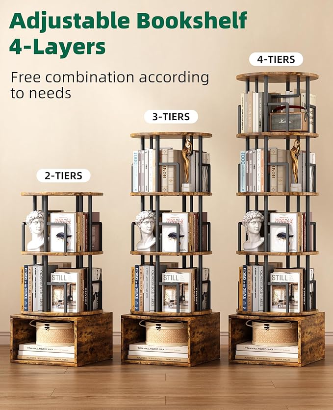 5 Tier Rotating Bookshelf with Extra Storage Cabinet, 360°Spinning Corner Bookshelf, Floor Standing Bookcase for Kids & Adult, Narrow Book Shelf for Bedroom Living Room, Vintage Brown