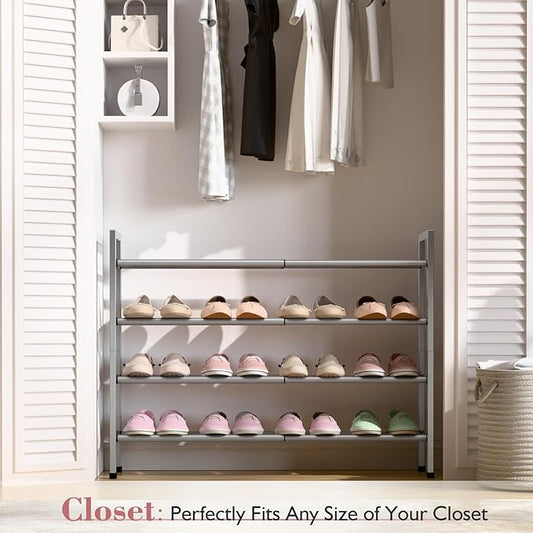 Bumusty 4-Tier Expandable Shoe Rack for Closet, 18“-33” Adjustable Shoe Rack for Small Space, Small Shoe Organizer for Front Door, Sturdy Metal, Light Grey