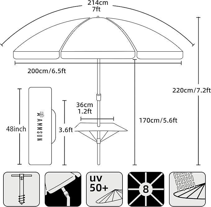 AMMSUN 7ft Heavy Duty High Wind Beach Umbrella with sand anchor, Built-in Table Tray & Tilt Pole, UPF 50+ Windproof Portable Outdoor Umbrellas Carry Bag for Patio Garden Pool Backyard stripe (Haute