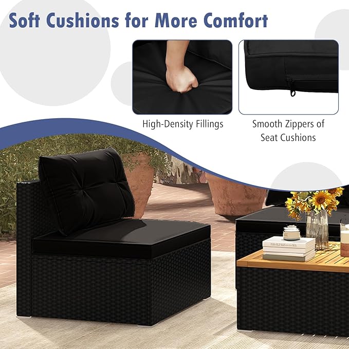 Tangkula 5 Piece Rattan Sofa Set, Outdoor Wicker Furniture Set w/Seat & Back Cushions, Square Coffee Table, Patio Sofa Set for Backyard, Poolside (Black)