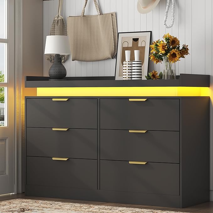 6 Drawer Dresser for Bedroom, Black Dresser with LED Lights and Power Outlet, Wooden Dressers Chests of Drawers, Double Wide Dressers for Bedroom, Entryway, Hallway