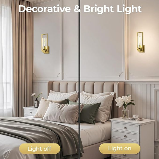 CINOTON Golden Wall Sconces Set of 2, 15" Brushed Gold Wall Mounted Lamp, Hardwired AC 120V Wall Sconces Vintage Vanity Light Fixtures with Clear Glass, Wall Lights for Living Room, Hallway, Bedroom