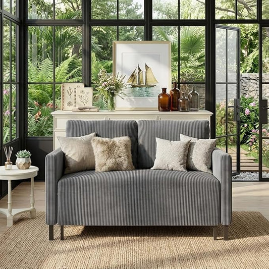 Welzona 47.2" Convertible Sofa Bed Couch, Comfy Corduroy Couch Bed, All in 1 Loveseat Sleeper Sofa, Love Seat Sleeper Bed 2 Pillows, Modern Couches for Living Room/Apartment/Home/Office, Classic Grey