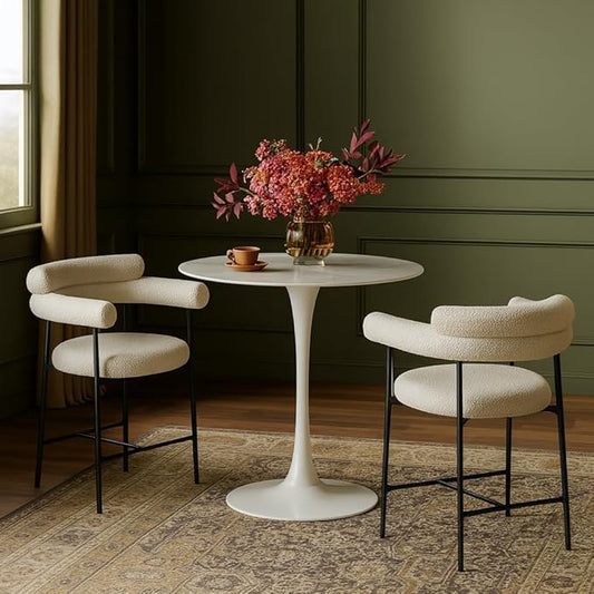 Meridian Furniture 929-T Holly Collection Modern | Contemporary Counter Height Table,10MM Thick Glass with Marble Veneer, 36" Round Faux Marble, Rich White Base, 36" W x 36" D x 36" H, White