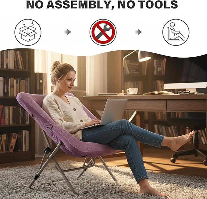 Tiita Comfy Folded Chair, Soft Faux Fur Oversized Folding Accent Chair, Lazy Chair for Teens Adults, Metal Frame Moon Chair for Bedroom, Living Room, Dorm Rooms