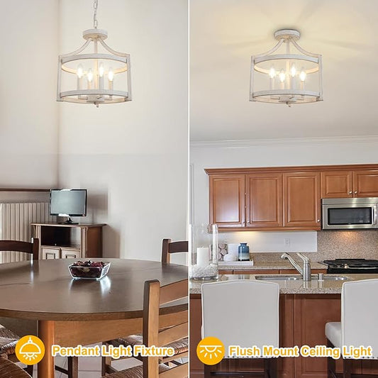 4 Lights Farmhouse Chandelier, Vintage Chandeliers for Dining Room, Rustic Semi Flush Mount Ceiling Light, Antique White Metal Hanging Pendant Light Fixture for Foyer Entryway Kitchen Island