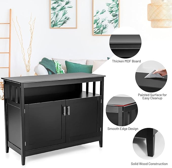 NAFORT Farmhouse Sideboard, Freestanding Buffet Cabinet with Removable Shelf, Anti-Tip Devices, Magnetic Catch, Wood Legs & Adjustable Foot Pads, Large Storage Coffee Bar for Household, Black