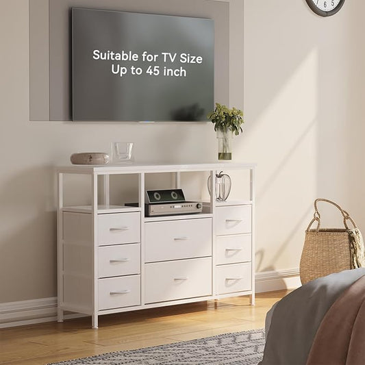 8-Drawer Fabric Dresser TV Stand - Sturdy Steel Frame & Wood Top Chest of Drawers, Lightweight Storage Organizer for Bedroom, Closet, Entryway (White)