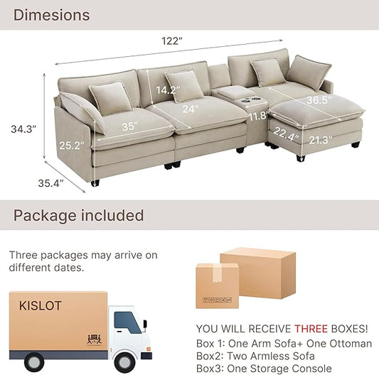 122" Oversized Modular Sectional Sofa with Storage Console,L-Shaped Cloud Couch with Movable Ottoman,Deep Seat,Thick Cushions, Multi Functional Console with USB & 2 Cup Holder,Sofa Set for Living Room | Wood Frame