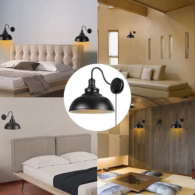 Gooseneck Wall Lamp Black Industrial Vintage Farmhouse Wall Sconces Lighting Wall Light Fixture with Plug in Cord and On Off Switch for Bedroom Nightstand