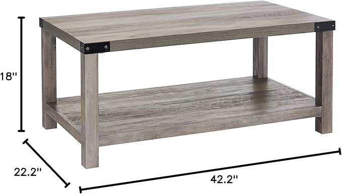 ROCKPOINT Furniture Barn Style Farmhouse Rectangle Accent Coffee Table, Grey wash