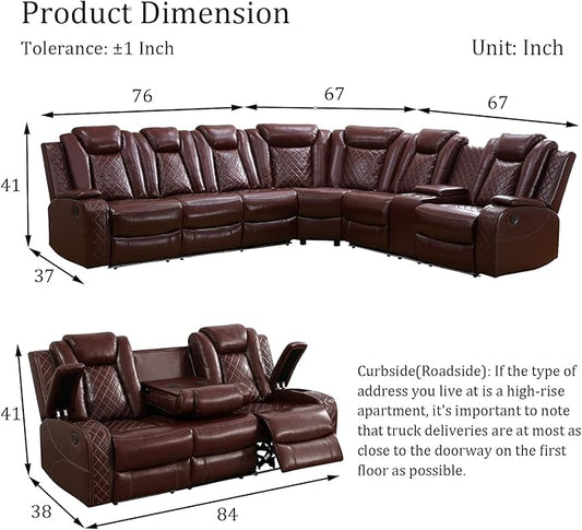 Power Reclinier Sectional Sofa Set,Brown Red Leather Reclining Sectional Modular Couch Set,L Shaped Leather Couch with LED Light for Living Room/House/Apartment/Lounge(L+3 Seats Sofa)