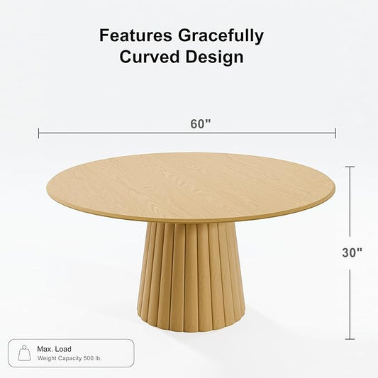 Casaphoria 60" Round Dining Table, Modern Wood Kitchen Table with Cone Shaped Strip Convex Base for Living Room & Dining Room, Easy Assembly Farmhouse Furniture for 4-6, Oak