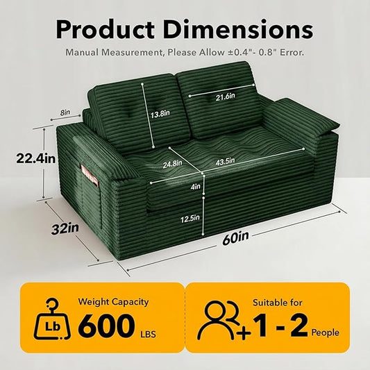 60in Loveseat Sofa, Boneless Cloud Couch Sofa for Living Room 2 Seater Modern Lounge Sleeper Couch with Removable Cover Corduroy with Armrest, Seat Cushion & Pillows for Small Spaces, Green
