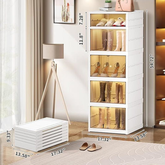 5-Tier Foldable Shoe Rack Organizer for Closet 10Pairs Plastic Collapsible Shoes Storage Box Clear Shoe Boxes Stackable with Door Easy Assembly Shoe Cabinet Bins with Lids Large