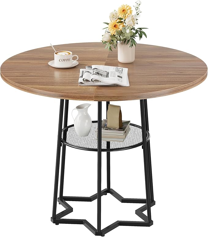IDEALHOUSE Round Dining Table for 4, 38" Farmhouse Kitchen Table with 17.7" Storage, Small Circle Dinner Tables, Space Saving, Wood Kitchen & Dining Room Furniture for Dining Room, Apartmen, Brown