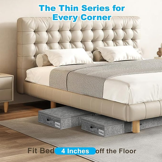 Under Bed Storage Container Bins 2 Pack, 4 Inch Thin Low Profile Underbed Clothes Storage Organizer for Dorm & Home, Use for Blanket and Toy Storage Box W/ Sturdy Bottom/Sides, Foldable Thick Fabric