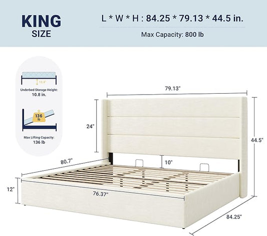 Allewie King Size Lift Up Storage Bed, Chenille Fabric Upholstered, Modern Wingback Headboard, Hydraulic Support, No Box Spring Needed, Cream White